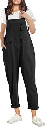 Photo 1 of HOMELEX Women Linen Loose Bib Overalls Long Plus Size Casual Pants Wide Leg Jumpsuit Black Womens Overalls Denim