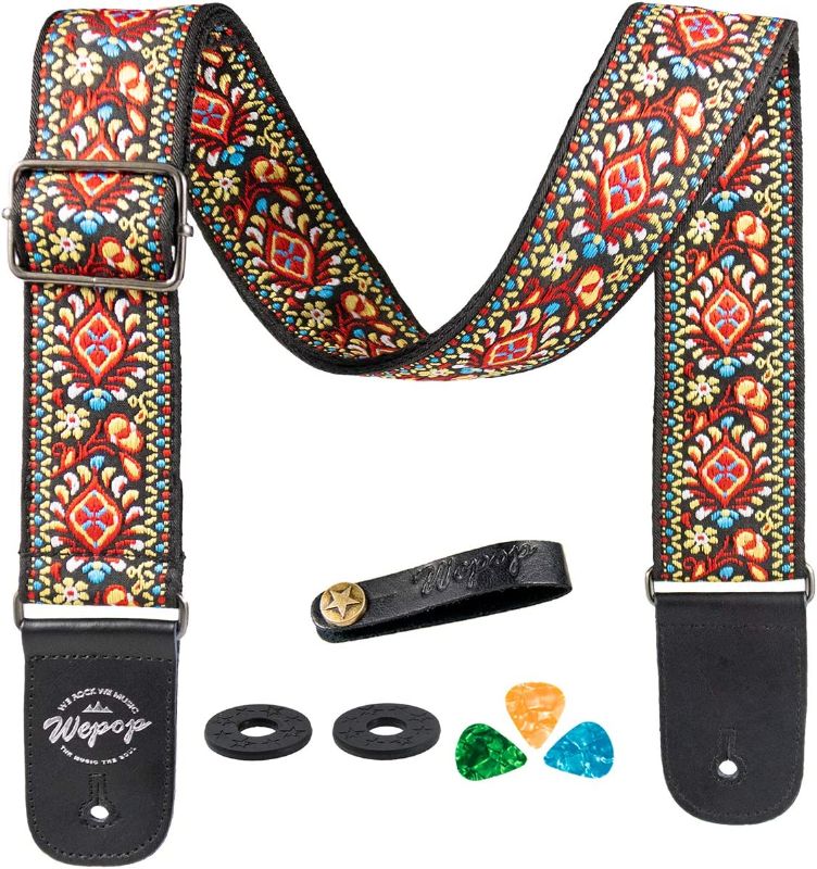 Photo 1 of (pack of 3) Wepop Vintage Guitar Strap 2 in Width For Acoustic Guitar Bass Leather Ends Strap Button 3 Picks For Guitar Player

