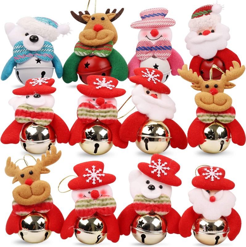 Photo 1 of (3 packs of 8) Christmas Jingle Bells Ornament for Home, Christmas Tree, Door, Hanging Pendant Decorations, Santa, Snowman, Reindeer, Bear
