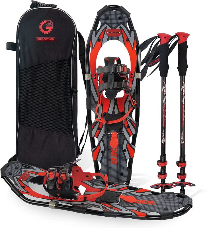 Photo 1 of (GOOD CONDITION) Ambio SIZE 25 Red Inches Light Weight Snowshoes with Toe Box, EVA Padded Ratchet Binding, Heel Lift, Flexible Pivot Bar, Durable Back Strap, Set with Trekking Poles, Carrying Bag, Snow Baskets