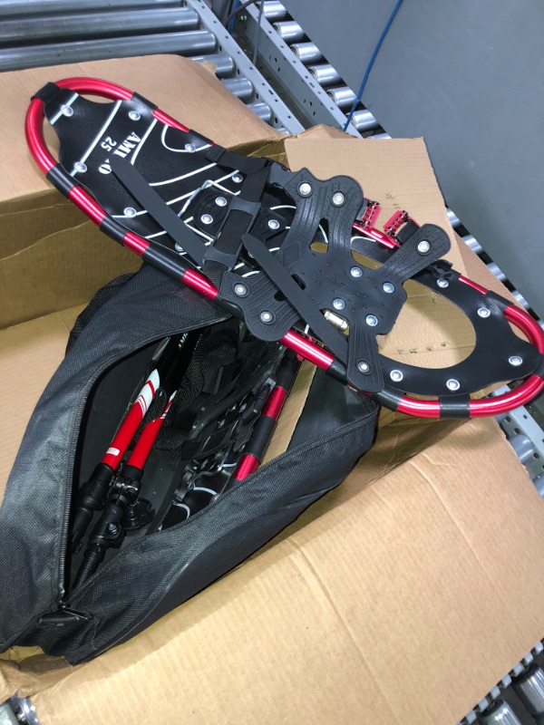 Photo 3 of (GOOD CONDITION) Ambio SIZE 25 Red Inches Light Weight Snowshoes with Toe Box, EVA Padded Ratchet Binding, Heel Lift, Flexible Pivot Bar, Durable Back Strap, Set with Trekking Poles, Carrying Bag, Snow Baskets