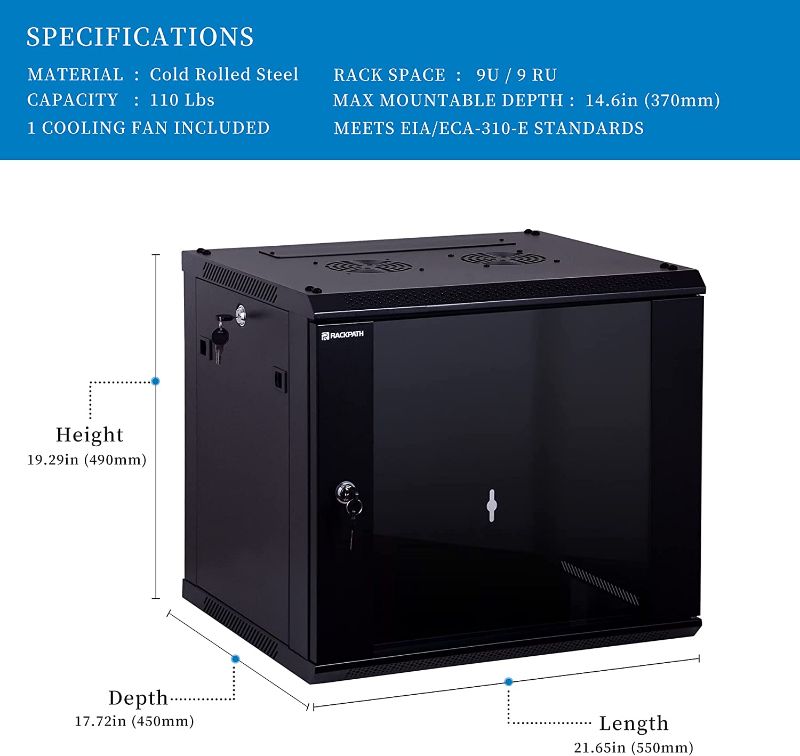 Photo 1 of RackPath 9U Wall Mount Server Cabinet Network Rack Enclosure, Quiet Cooling Fan, Perforated Door, Black