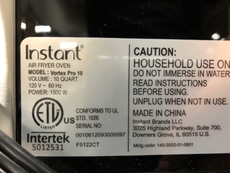 Photo 4 of ***TESTED/ TURNS ON*** Instant Vortex Pro Air Fryer, 10 Quart, 9-in-1 Rotisserie and Convection Oven, From the Makers of Instant Pot with EvenCrisp Technology, App With Over 100 Recipes, 1500W, Stainless Steel 10QT Vortex Pro