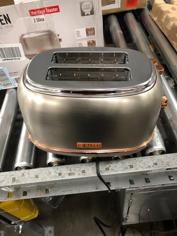 Photo 3 of ***POWERS ON***Haden 75105 Heritage 2 Slice Toaster, Wide Slot with Removable Crumb Tray and Settings, Steel and Copper