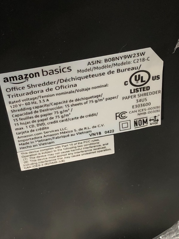 Photo 4 of used Amazon Basics 15-Sheet Cross Cut Paper Shredder and Credit Card CD Shredder with 6 Gallon Bin 15 Sheet - new model Shredder