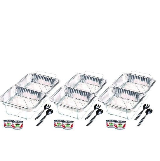 Photo 1 of 
Sterno Party Pack Disposable Aluminum Chafing Dish Buffet Set with Green Canned Heat Warmers, Wire Racks, Foil Pans, and Serving Utensils, 3 Pack, Silver
****PANS ARE DAMAGED****
