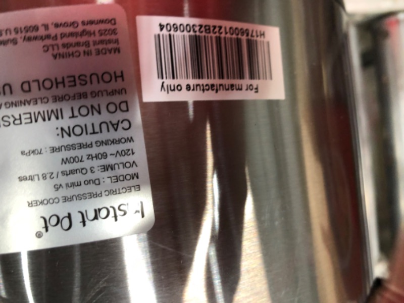 Photo 3 of Instant Pot Duo 7-in-1 Electric Pressure Cooker
***DAMAGED HAS DENTS TO FRONT OF POT, MISSING POWER CORD AND ALSO METAL PAN LINER