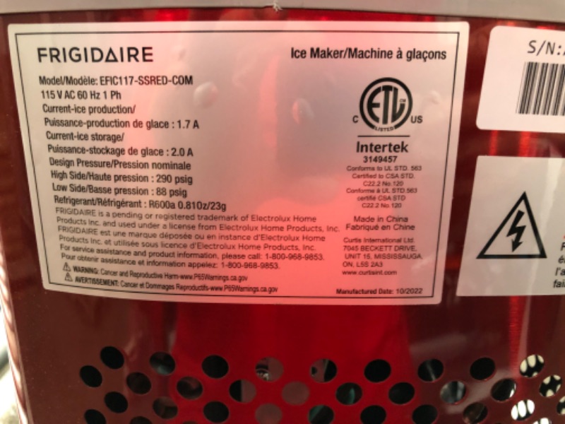 Photo 4 of Frigidaire EFIC117-SSRED-COM Stainless Steel Ice Maker, 26lb per day, RED STAINLESS
