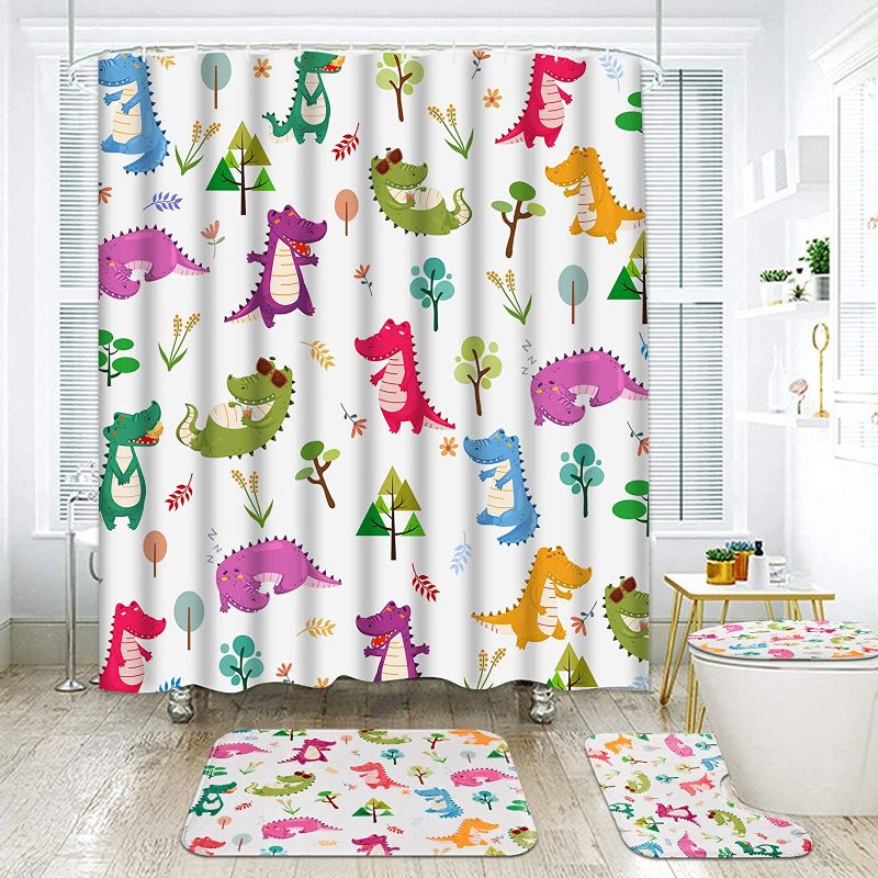 Photo 1 of *USED/SEE NOTES**4 Pcs Cute Kids Shower Curtain Set with Non-Slip Rug, Toilet Lid Cover and Bath Mat, Funny Cartoon Animal Shower Curtain