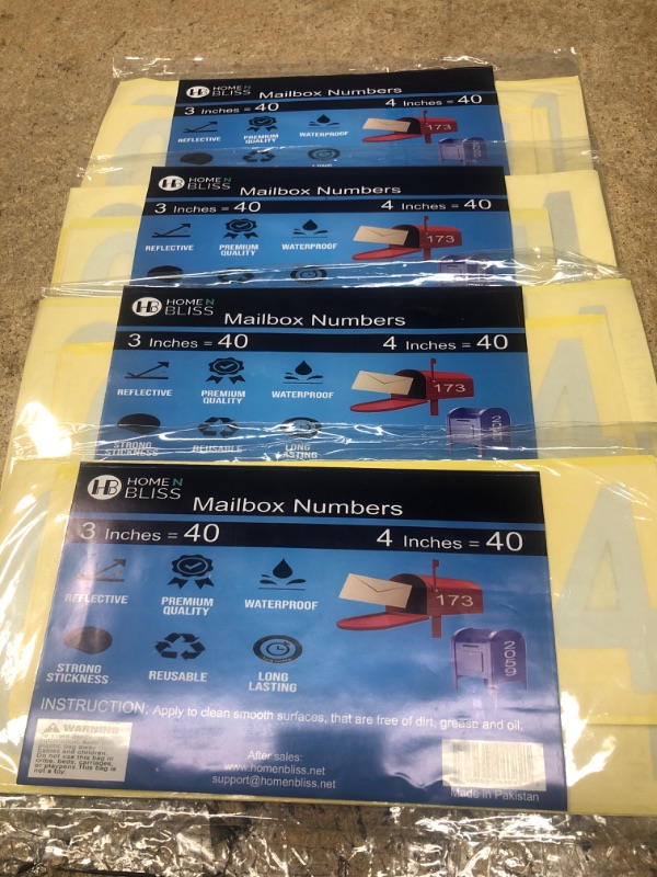 Photo 2 of (4) HOME N BLISS Mailbox Numbers for Outside - 80 Pieces (0-9) White -Self Adhesive, Waterproof & Reflective Mailbox Numbers, Perfect for Home, Offices & Cars - 8 Sets (3 Inches x 4 Sets,4 Inches x 4 Sets) X 4 PACKGES