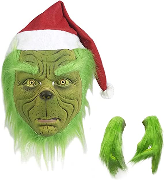 Photo 1 of  Christmas Green Monster Mask Gloves Cosplay Halloween Xmas Full Face Latex Helmet Costume Accessories Props for Men Adult Kids