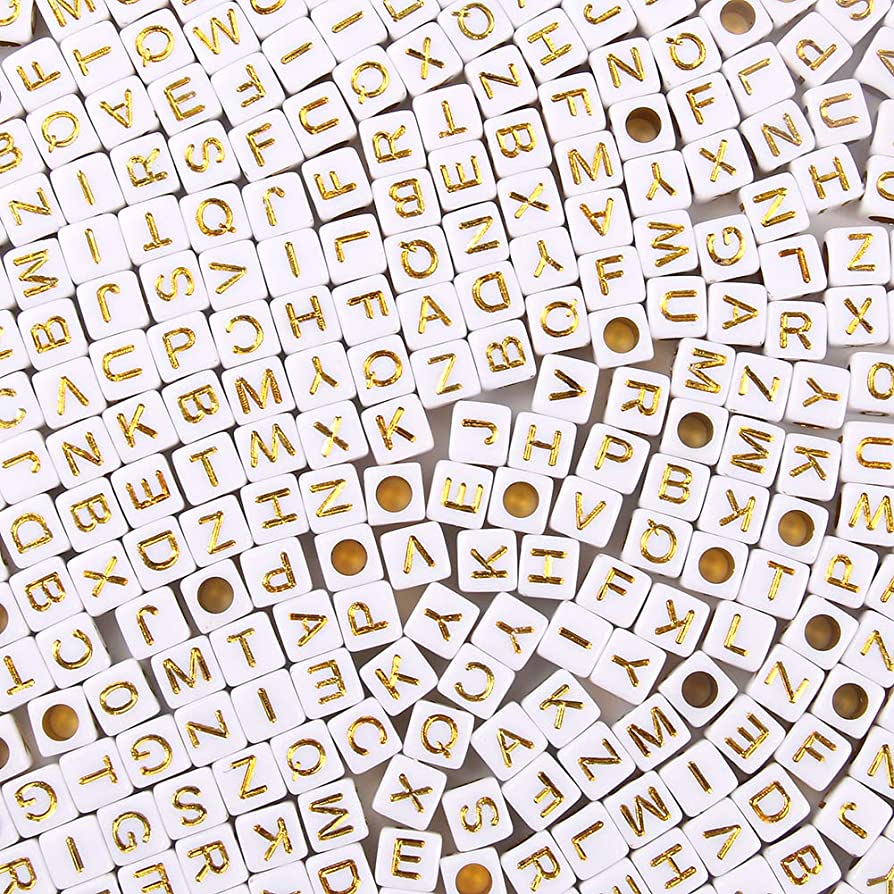 Photo 1 of Acrylic Letter Beads Alphabet Gold Letters White Cube Bead, 6×6mm 1200pcs, for Friendship Bracelets and Gifts Souvenir Jewelry Making