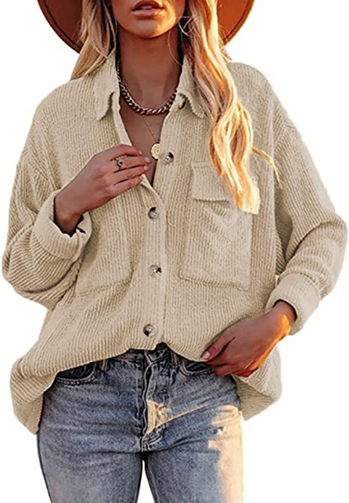 Photo 1 of itnpbwus Women's Corduroy Button Down Shirts Long Sleeve Boyfriend Blouses Tops with Pockets M