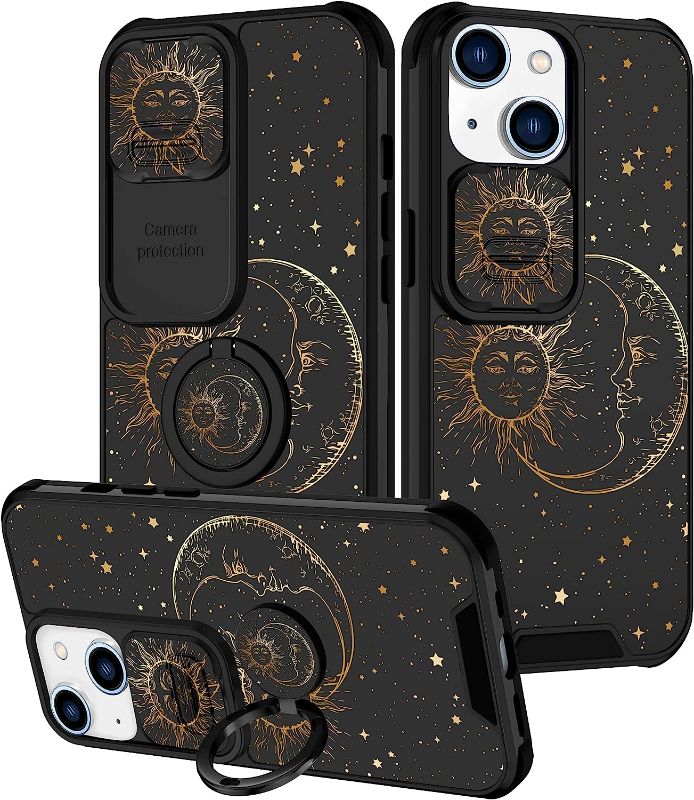 Photo 1 of Goocrux (2in1 for iPhone 13 Pro Case Sun Moon Stars for Women Girls Cute Phone Cover Fashion Golden Star Print Pattern Design with Slide Camera Cover+Ring Holder Cases for iPhone 13 Pro 6.1''