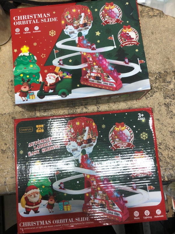 Photo 2 of 2 QTY Electric Climbing Ladder Santa Claus Roller Coaster, Climbing Up and Down Santa Claus with Race Track, Santa Chasing Race Track Set with Music and Light for Christmas Home Holiday Decor, 6 Santa Red/With Remote