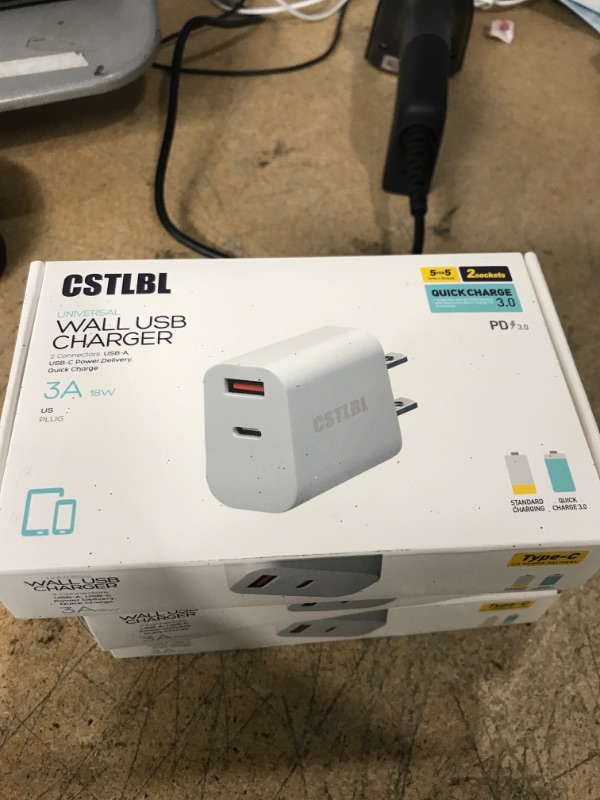 Photo 2 of (PACK OF 3) CSTLBL Wall Charger with USB and C Ports 18W Fast Charge for iPhone iPad and Tablet 2 in 1 Smart Adapter Plug with 1M C to C Cable White 18W White