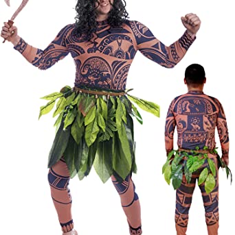 Photo 1 of Maui Costume T-Shirt Pants with Leaves Skirt Adult Cosplay Carnival Uniform Halloween Costume for Men Women - Medium 
