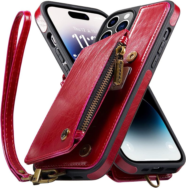 Photo 1 of DTRAIN Compatible with iPhone 14 Pro MAX Case Wallet with RFID Credit Card Holder and Zipper Pocket,Retro Suede PU Leather Flip Cover with Double Magnetic Clasp for Women and Man Luxury Red
