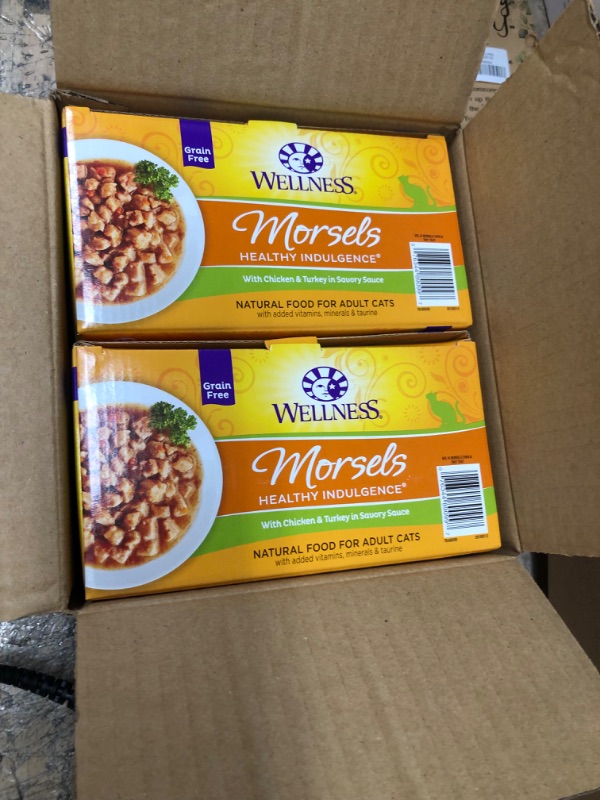 Photo 2 of ** EXPIRES FEB2024** Wellness Healthy Indulgence Morsels Grain-Free Wet Cat Food, Made with Natural Ingredients, Proteins, Complete and Balanced Meal, 3 oz Pouches (Chicken & Turkey, 24 Pack) Chicken & Turkey Morsels 3 Ounce (Pack of 24)