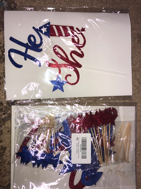 Photo 1 of 4th of July Gender Reveal He or She Banner Cake Cupcake Toppers Star Red White Blue Patriotic Summer Gender Reveal Decoration Ideas (BUNDLE OF TWO)2pc