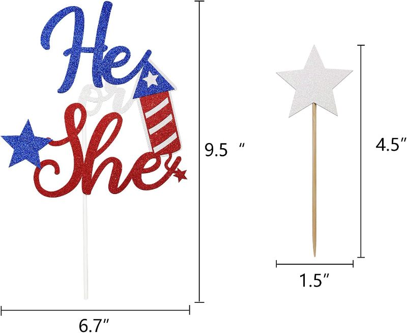 Photo 3 of 4th of July Gender Reveal He or She Banner Cake Cupcake Toppers Star Red White Blue Patriotic Summer Gender Reveal Decoration Ideas (BUNDLE OF TWO)2pc