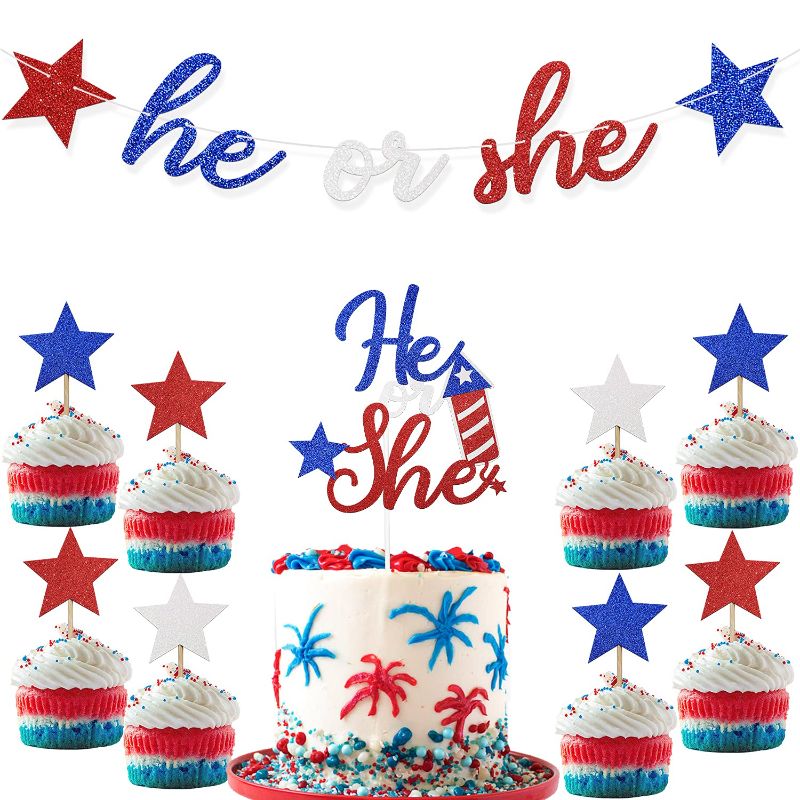 Photo 2 of 4th of July Gender Reveal He or She Banner Cake Cupcake Toppers Star Red White Blue Patriotic Summer Gender Reveal Decoration Ideas (BUNDLE OF TWO)2pc