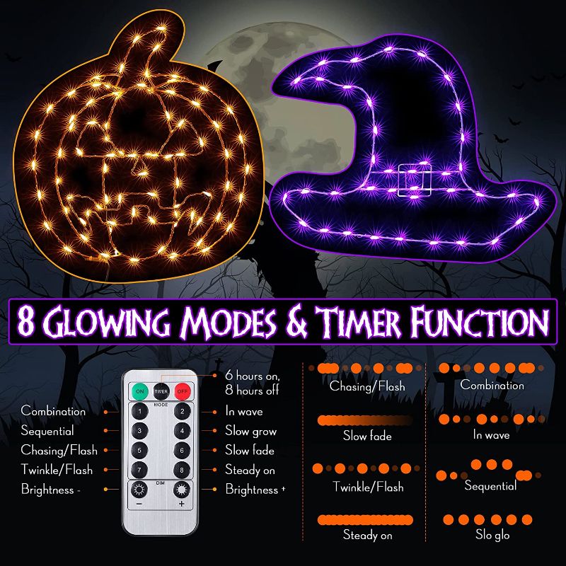 Photo 2 of 2 Pack Halloween Window Decorations Lights, Halloween Pumpkin Witch Hat Window Lights Decor with Timer 8 Mode Remote Control USB Operated for Indoor Outdoor Halloween Party Supplies