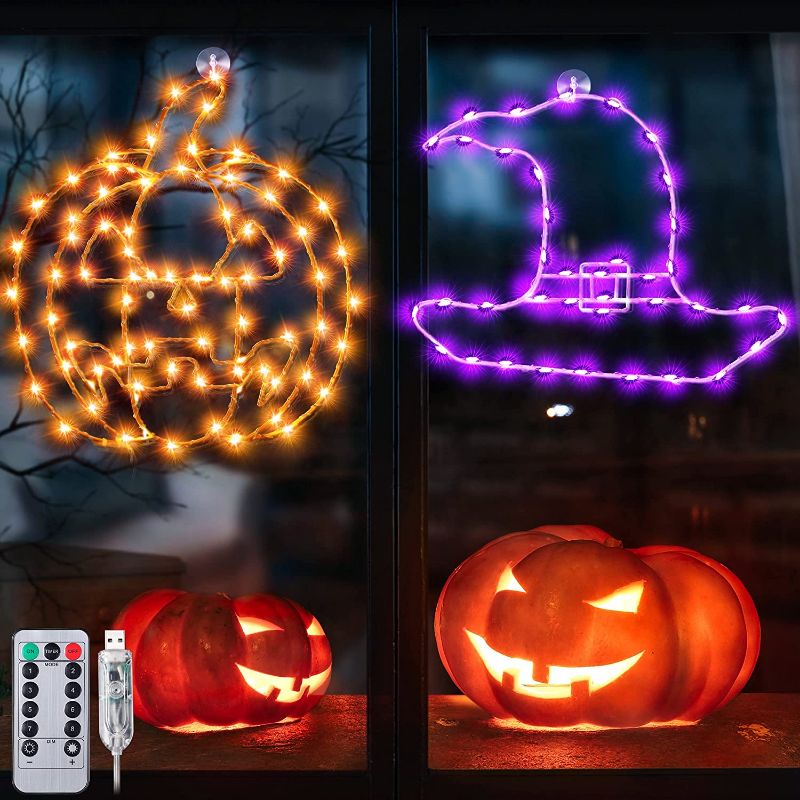 Photo 1 of 2 Pack Halloween Window Decorations Lights, Halloween Pumpkin Witch Hat Window Lights Decor with Timer 8 Mode Remote Control USB Operated for Indoor Outdoor Halloween Party Supplies