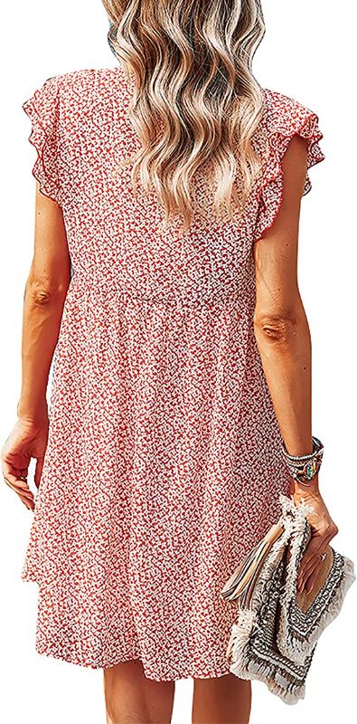 Photo 3 of KUIIHUAZ Women's Casual Tunic Dress V Neck Ruffle Sleeve Loose Flowy Swing Shift Mini Dress