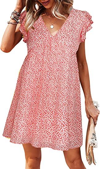 Photo 1 of KUIIHUAZ Women's Casual Tunic Dress V Neck Ruffle Sleeve Loose Flowy Swing Shift Mini Dress