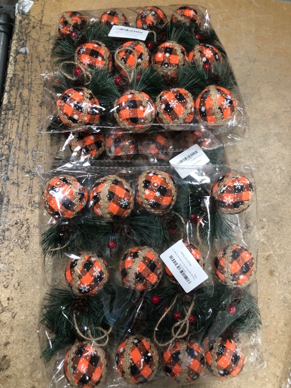 Photo 1 of 12 PCS Fall Plaid Ball Ornament - Black & Orange Fall Halloween Thanksgiving Christmas Plaid Hanging Ball Ornament, Buffalo Plaid Fabric Farmhouse Ball Decoration (Black and Orange,12) (BUNDLE OF THREE)