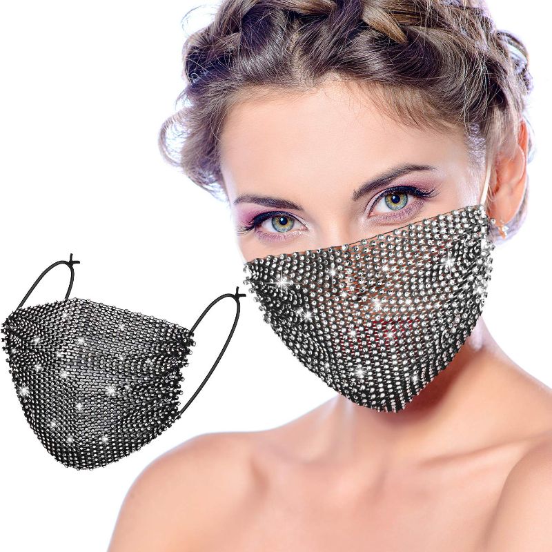 Photo 1 of Bling Rhinestone Face Covering Chain Crystal Metal Masquerade Face Coverings Ball Party for Women and Girls Black (3pc)