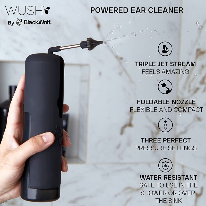 Photo 4 of Wush Pro By Black Wolf - Water Powered Ear Cleaner - Safe & Effective - Electric Triple Jet Stream with 3 Pressure Settings For Ear Wax Buildup - Ear Wax Removal Kit - Water Resistant USB Rechargeable