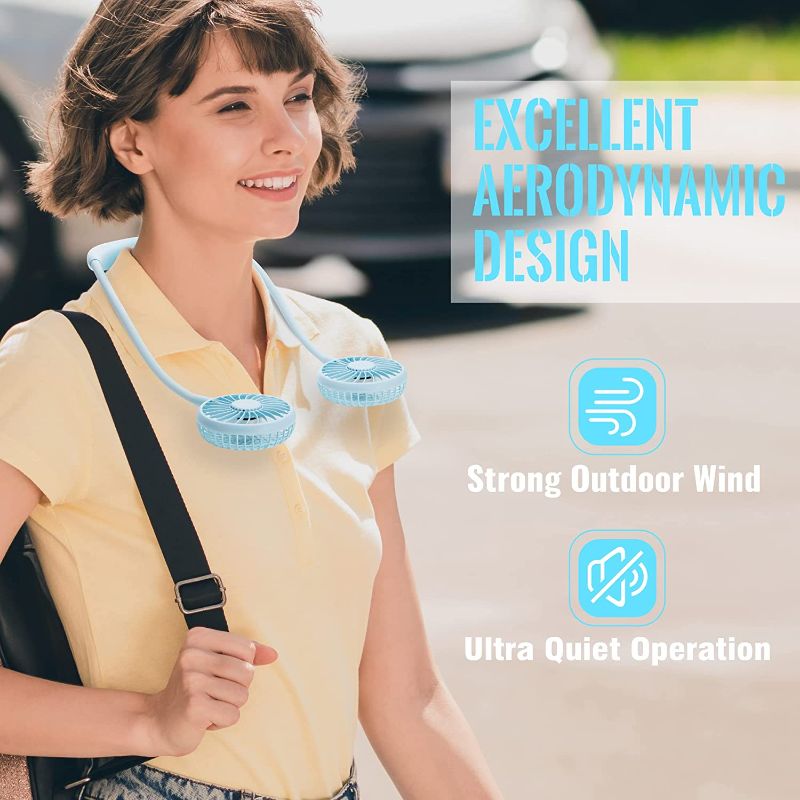 Photo 5 of MYpro Personal Neck Fan,USB Rechargeable Battery Operated Portable Fan with 3Speeds,Strong Wind and RGB Light,Ultra Quiet Hands Free 360° Adjustable Wearable Fan for Camp Home Office Outdoor Travel (Sky Blue) 