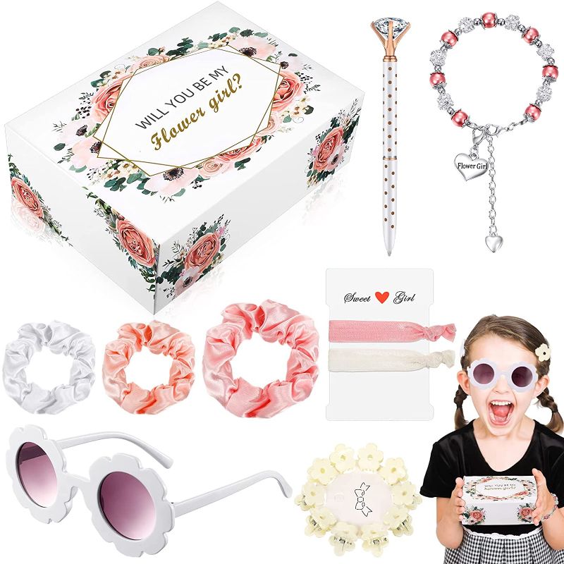 Photo 1 of 19 Pcs Flower Girl Proposal Box Set Girl Gifts Flower Girl Will You Be My Flower Girl Flower Glasses Diamond Pen Hair Scrunchies Bracelet Flower Hair Clip for Wedding Bride Showers, Floral Style