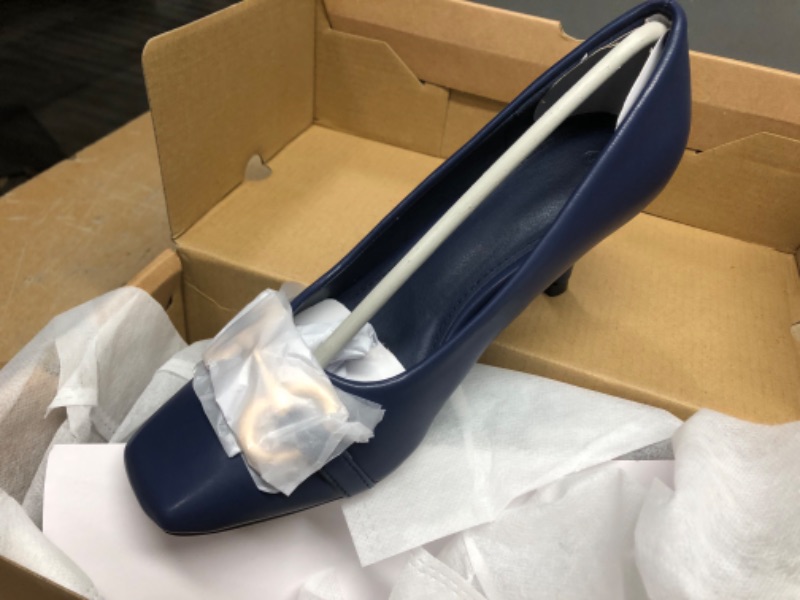 Photo 2 of Coutgo Women's Square Toe Pumps Slip on Kitten Heels Faux Leather Dress Shoes with Buckle  SIZE 5.5 Navy