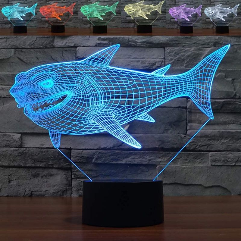 Photo 2 of 3D Shark Night Light LED Illusion Lamp YKLWORLD 7 Color Changing Table Lamps Touch Control with USB Cable Bed Room Decor Festival Birthday Gifts Toys for Kids Boys Children Shark 10