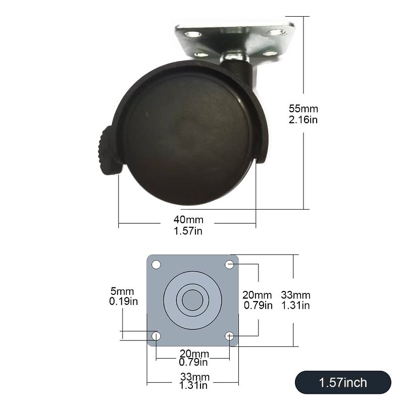 Photo 3 of 8-Piece Set of 1.5" casters with Brakes, Suitable for Installation Under desks, workbenches, Mobile trolleys, and Plant Caddy (Black) (BUNDLE OF TWO)