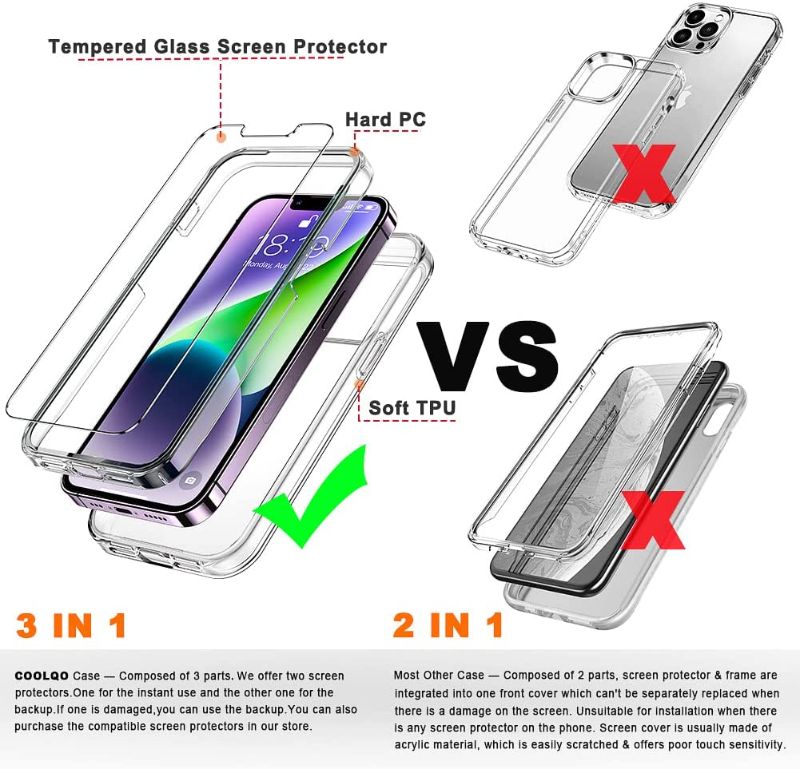 Photo 2 of COOLQO Compatible for iPhone 13 Pro Case 6.1 Inch, with [2 x Tempered Glass Screen Protector] Clear 360 Full Body Protective Coverage Silicone 14 ft Drop Military Grade Shockproof Phone Cover Clear For iPhone 13 Pro (6.1 inch)