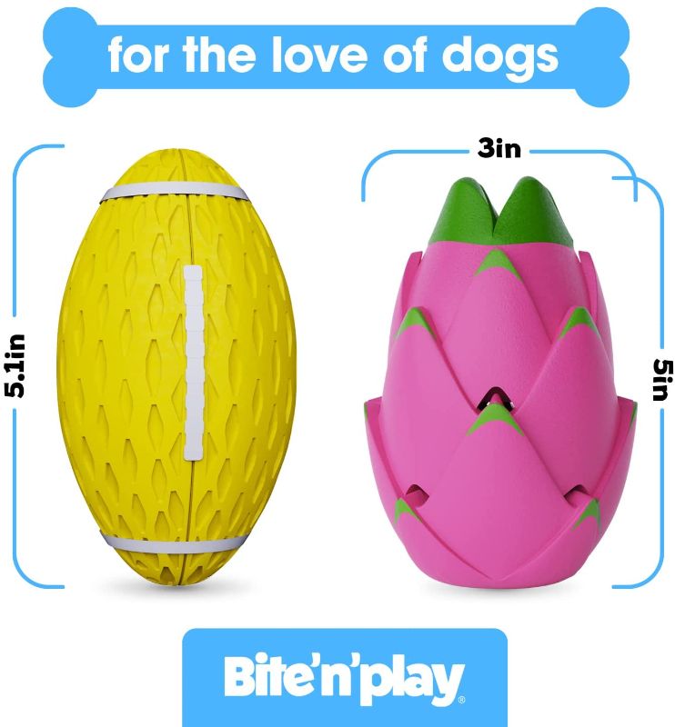 Photo 4 of Bite'n'Play Premium Interactive Dog Toys - Squeaky Chew Toys for Aggressive Chewers, Medium & Large Breed - Treat Dispenser, Pet-Safe Rubber - Pack of 4; 2 Dragon fruit & 2 Football