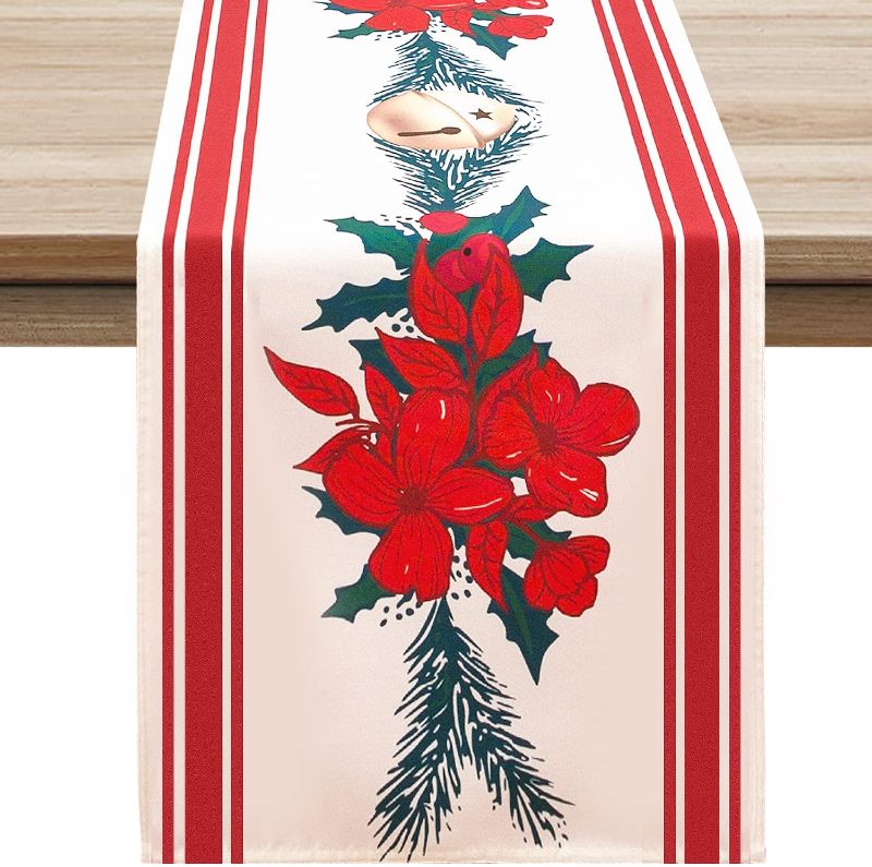 Photo 1 of 10 Christmas runners, 5 kids and 5 Softalker Christmas Table Runner with Red Flower, Premium Polyester Fabric Xmas Table Decoraion for Winter Holiday/Parties/Dining Indoor and Outdoor Use (13 x 90 inch)