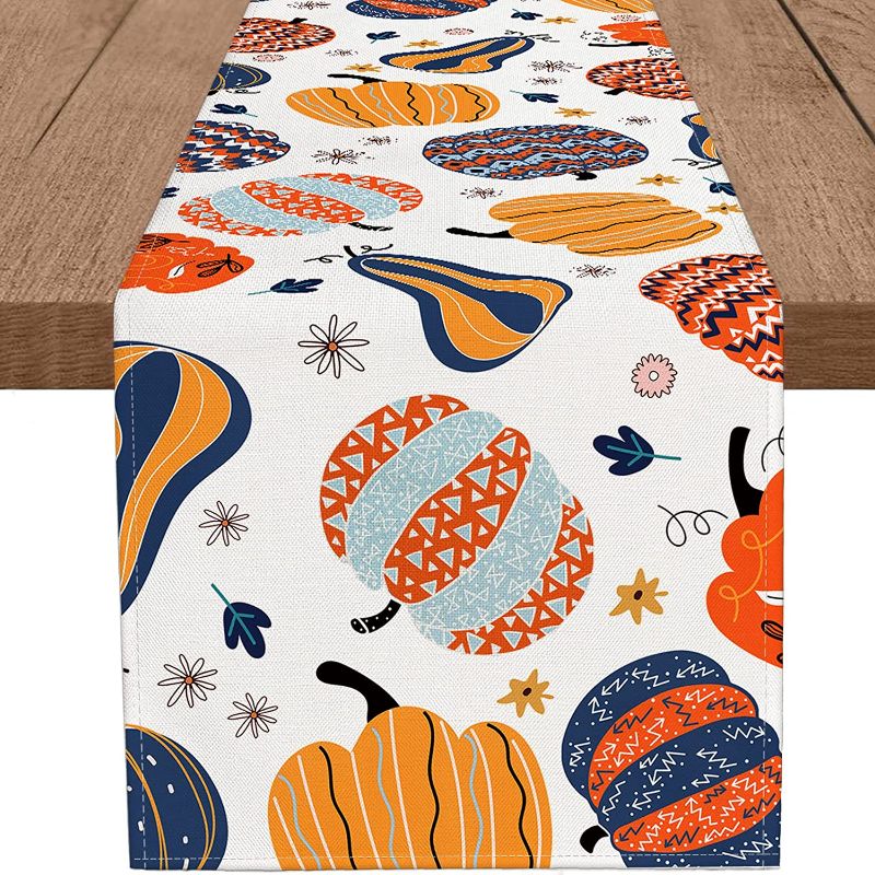 Photo 1 of  3 WHOMEAF Fall Table Runner Orange Pumpkin Burlap Autumn Seasonal Holiday Table Runners Harvest Farmhouse All the same color same print 