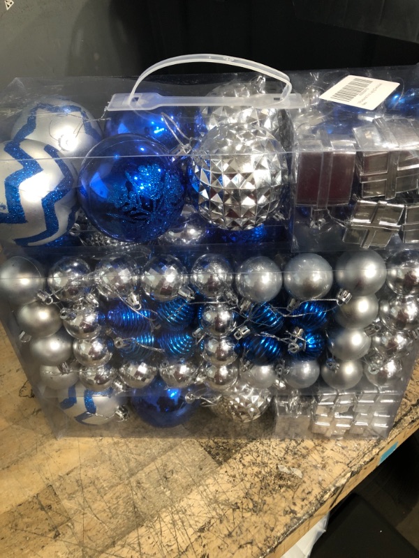 Photo 2 of 116Pcs Assorted Christmas Ornaments Set, Christmas Ornaments Balls, Shatterproof Christmas Balls Hanging for Christmas Tree with Portable Gift Box Packaging (Silver & Blue)