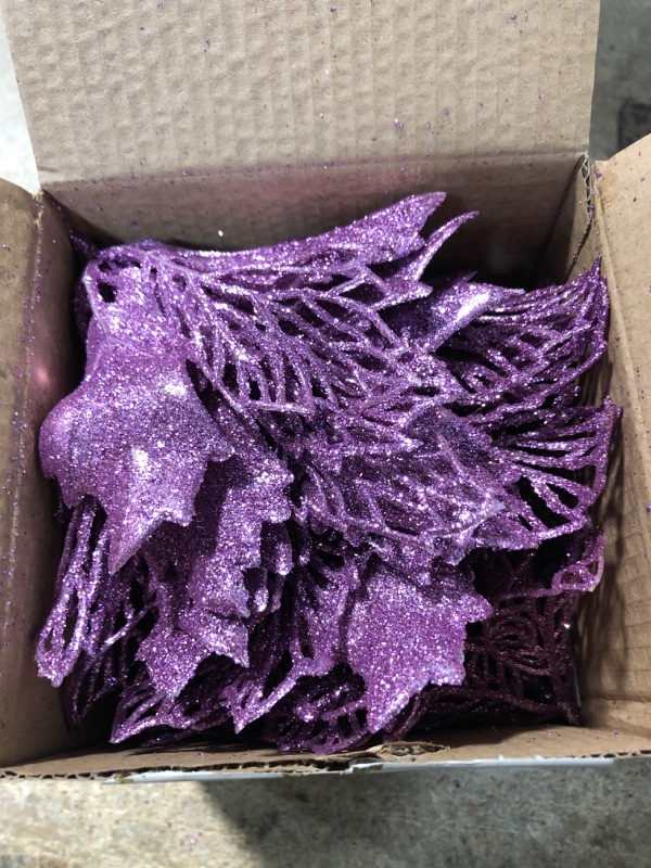 Photo 2 of 12 Pack Christmas Glitter Poinsettia Flowers 2 Styles of Artificial Flower for Christmas Tree Decoration 5.5-inch Purple