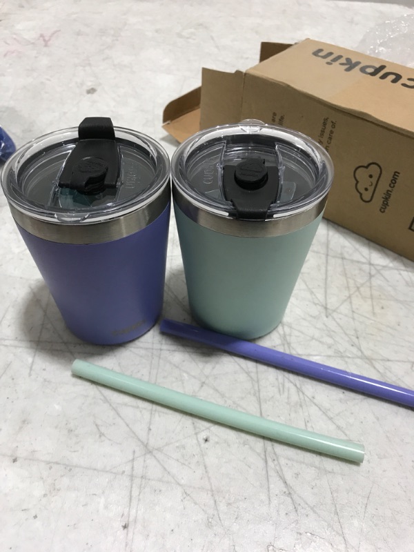 Photo 2 of Cupkin Baby Sippy Cups for Toddlers - The Original 8 oz Stackable Stainless Steel Baby Cup - Set of 2 Powder Coated Insulated Sippy Cup + BPA Free Lids + Reusable Silicone Straws (Aqua + Periwinkle) 8 Fl Oz (Pack of 2) Aqua + Periwinkle