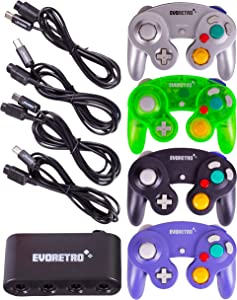 Photo 1 of EVORETRO Gamecube Controller Compatible for Switch, wii Console and PC Games - 4 Pack Bundle with 4 Extension Cords and a 4-Port Adapter