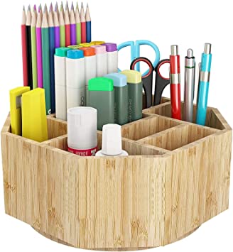 Photo 1 of Bamboo 360° Rotating Art Supply Organizer - Darfoo Pen Pencil Holder Organizer for Desk with 9 Compartments, Desk Organizer for Colored Pencils, Markers, Crayon Paint Brushes