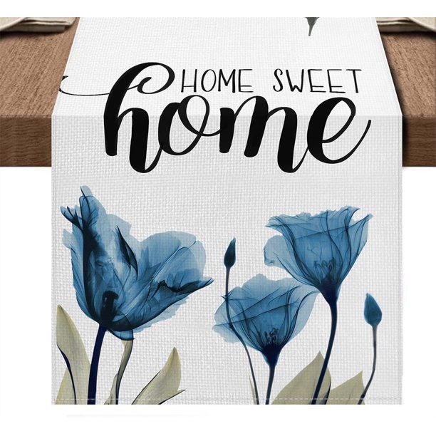 Photo 1 of 13x72 Inches Blue Tulip Table Runner Tabletop Cloth Dinning Room Decor - Blue Tulip Flower Decorative Seasonal Holiday Kitchen Dinning Home Decoration