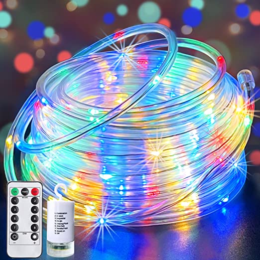 Photo 1 of 40Ft 120 LED Rope Lights Outdoor Christmas Decorations, 8 Mode Timer Remote Waterproof Battery Operated Christmas Rope Lights Tube Fairy Lights for Garden Holiday Home Indoor Xmas Decor(Multicolor) 