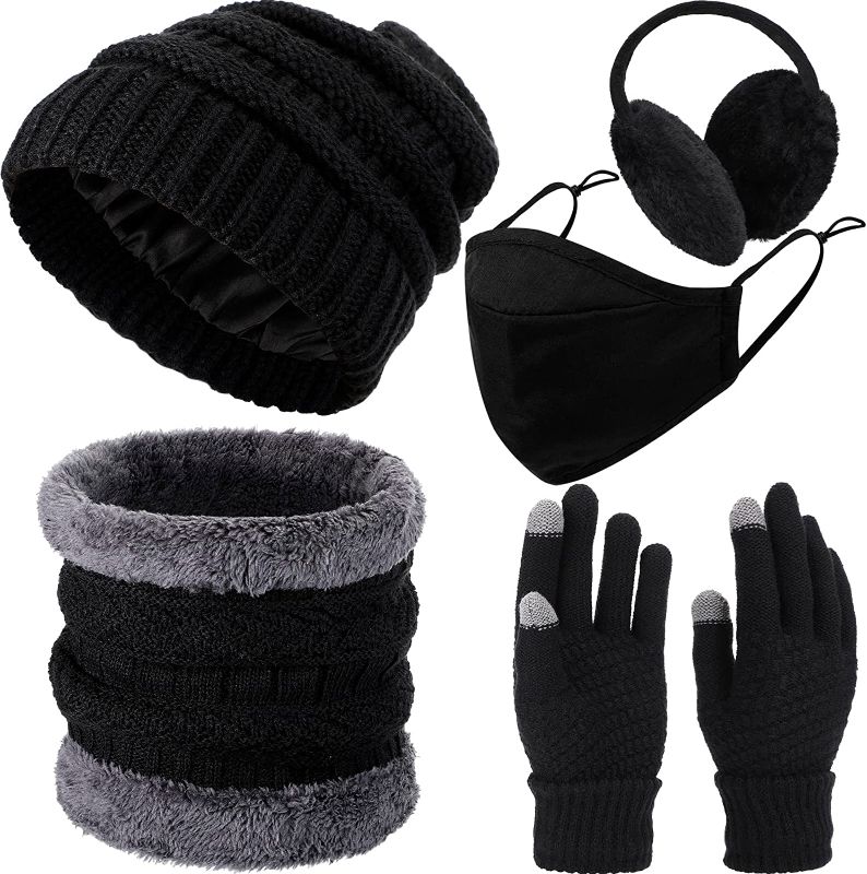 Photo 1 of 5 Pieces Winter Knitted Satin Lined Beanie Hat Fleece Neck Warmer Winter Gloves Earmuffs Mask Set, Satin Lined Cable Thick Chunky Cap Touch Screen Gloves for Men Women, Black 